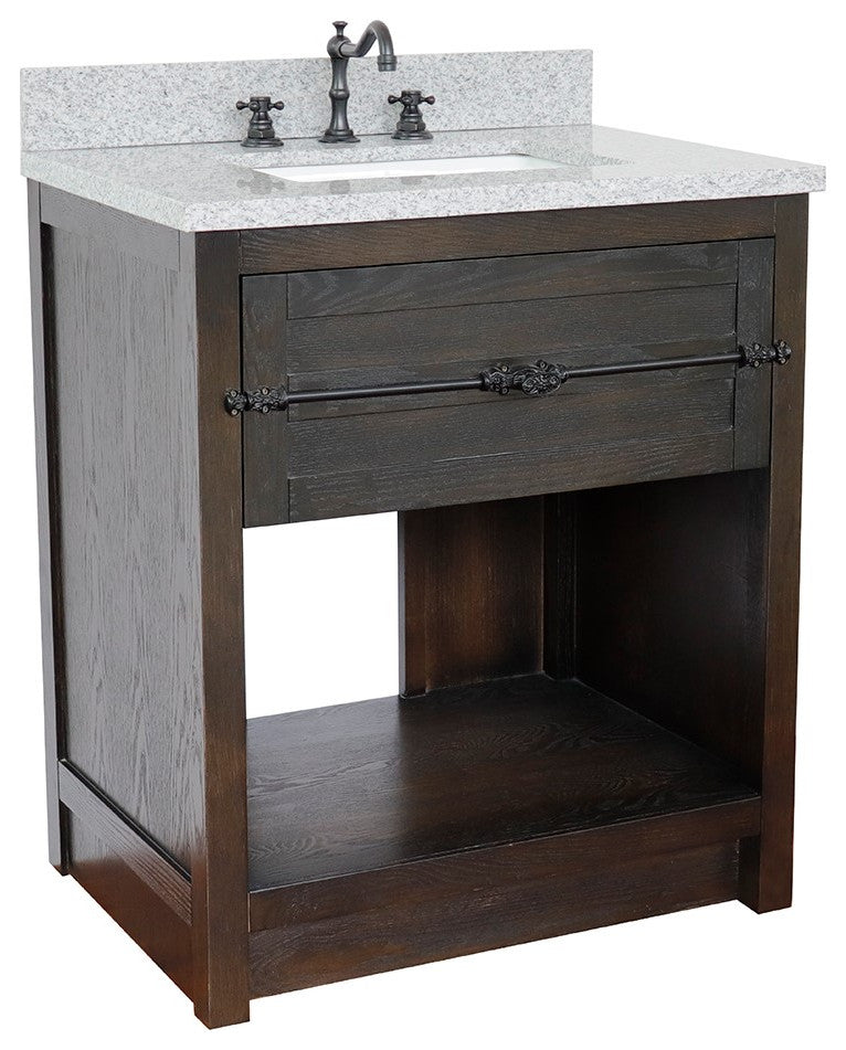30" Single Vanity, Brown Ash, Gray Granite Top, Rectangle Sink
