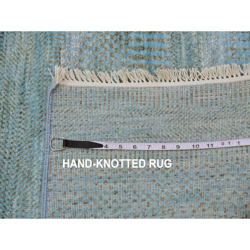 Blue Hand Knotted Dyed Wool and Silk Grass Design XL Runner Rug  2'6"x16'3"