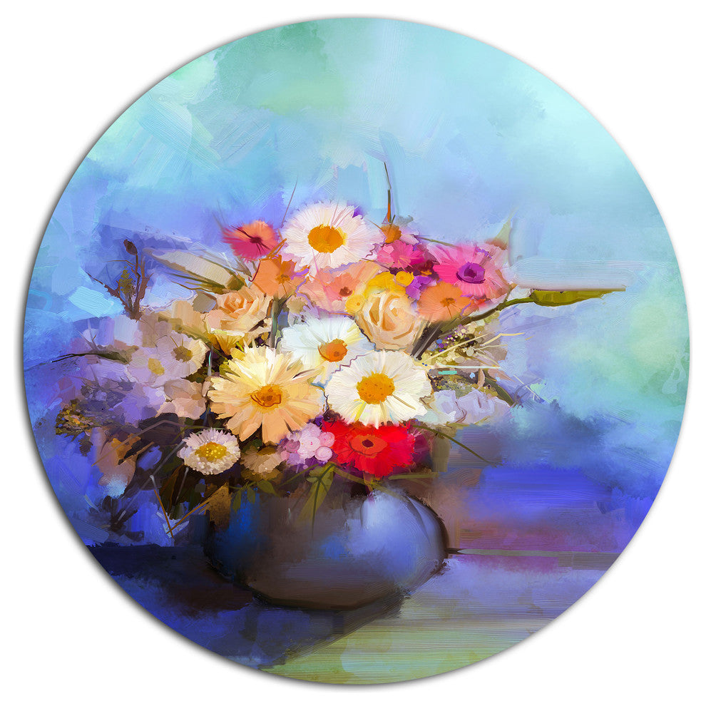 Beautiful Flowers Bouquet On Blue, Floral Round Metal Wall Art, 11"