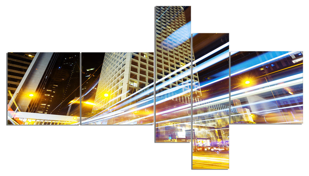 Urban City Traffic Trails, Cityscape Digital Art Canvas Print, 60"x32", 5 panels