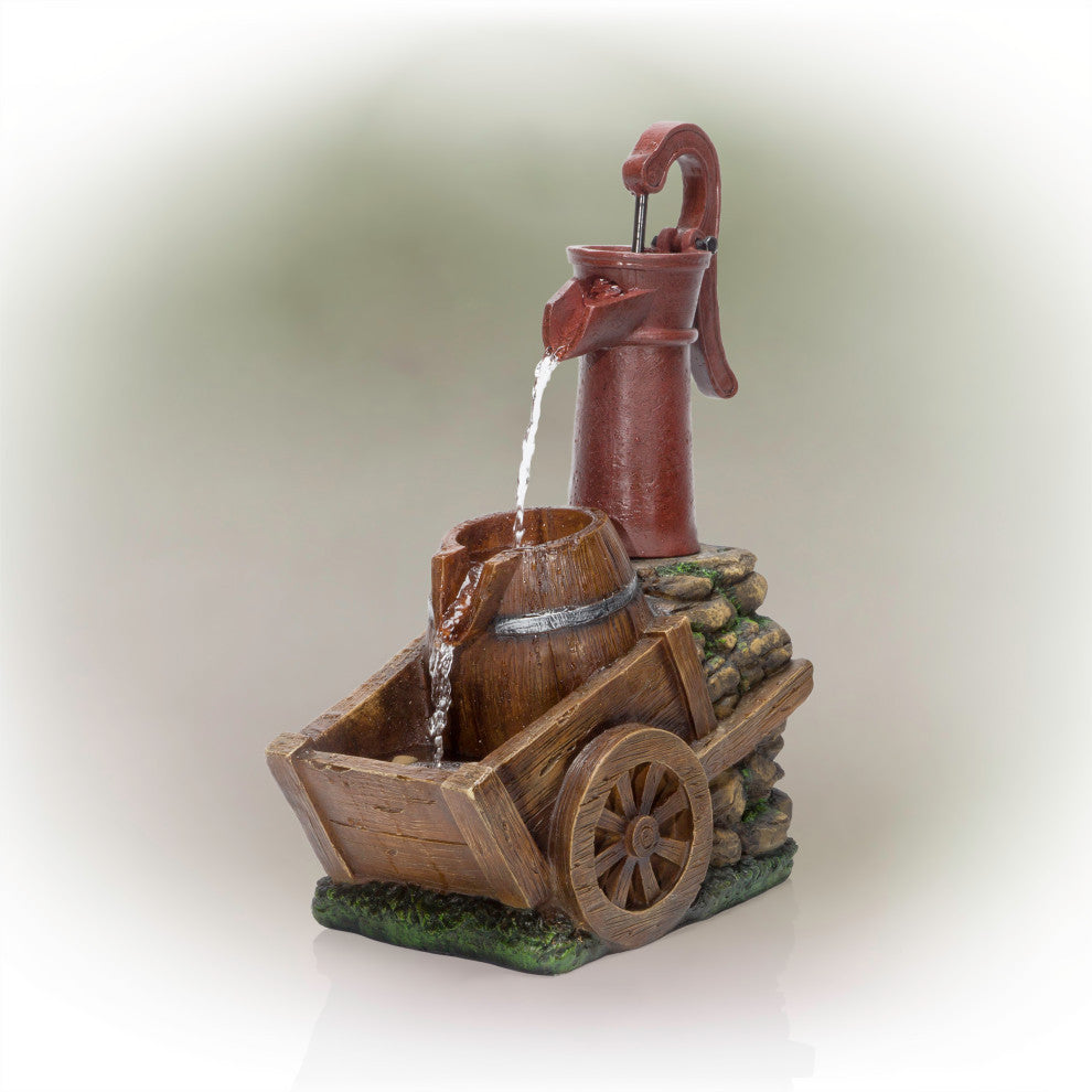24" Vintage Red Water Pump with Wheelbarrow Fountain- Small