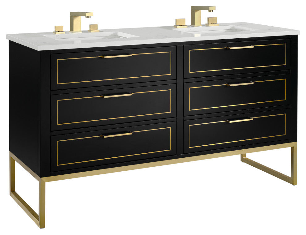 Markham Bathroom Vanity, Midnight Black/Satin Brass, 60", Calacatta Quartz Top