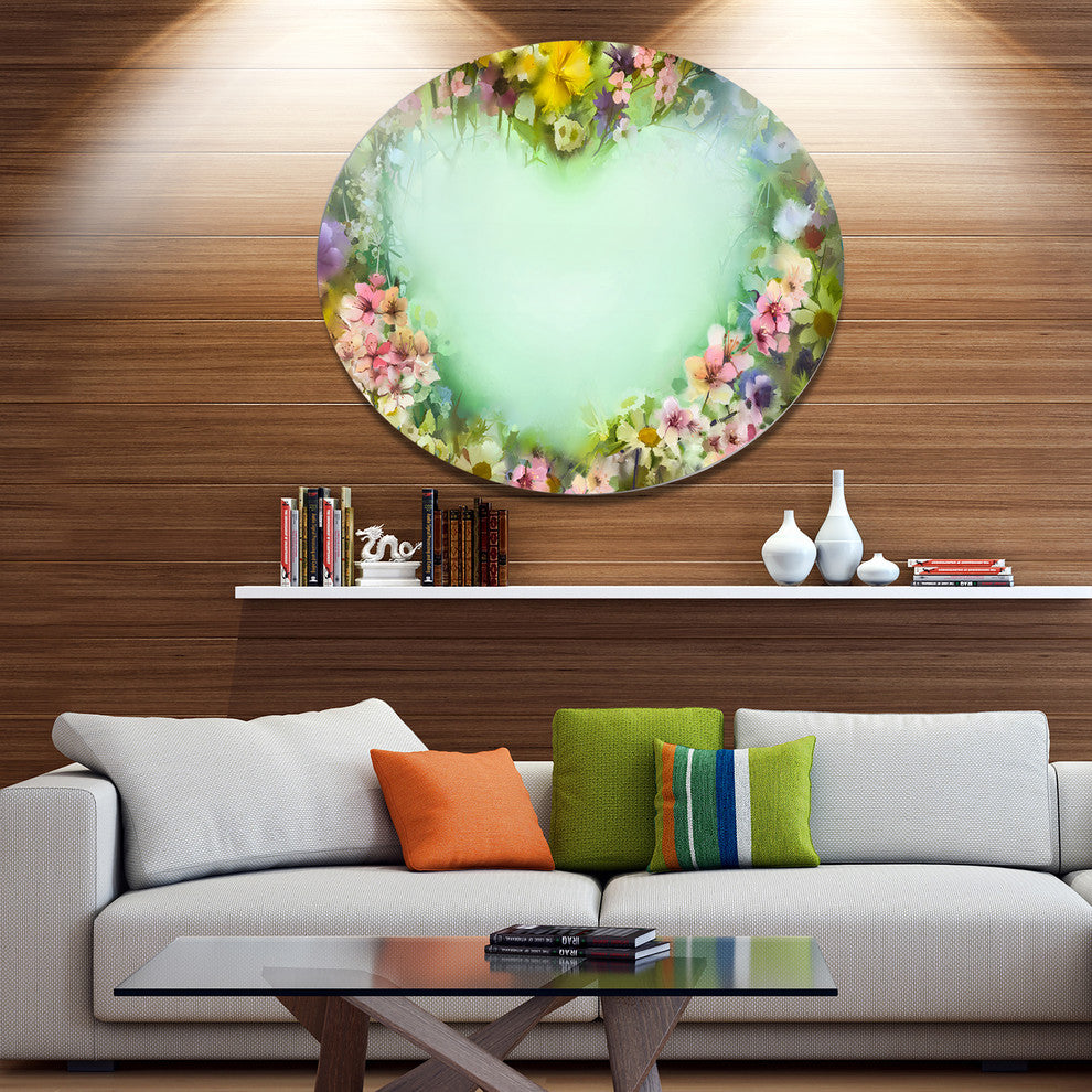 Vintage Flowers With Heart Shape, Floral Round Wall Art, 11"