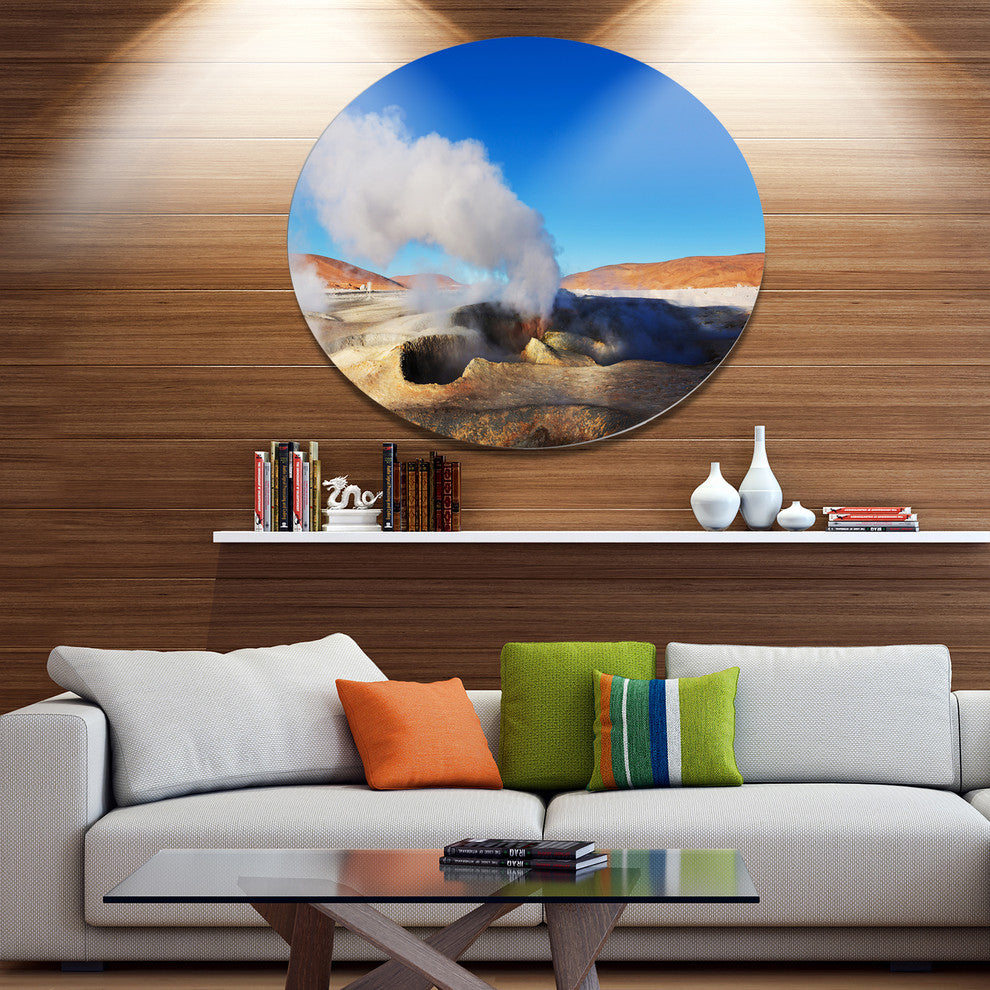 Geyser Sol De Manana Bolivia, Landscape Round Metal Wall Art, 36"
