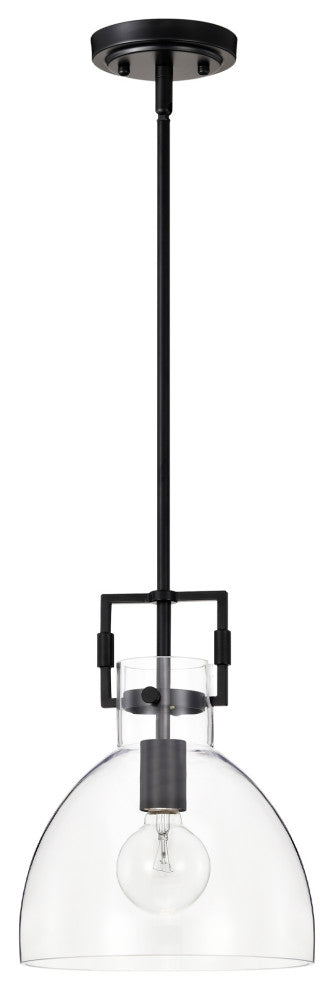 1-Light 10 in. Matte Black Pendant Light With Bowl Shaped Clear Glass Shade