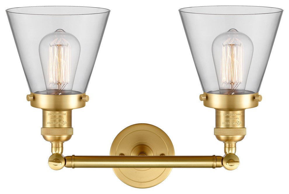 Small Cone 2 Light Bath Vanity Light, Satin Gold, Clear