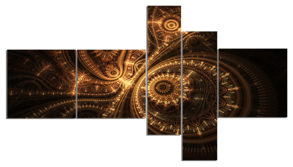 Green Fractal Flower in Dark, Yellow, Floral Art Canvas Print, 60"x32", 5 panels