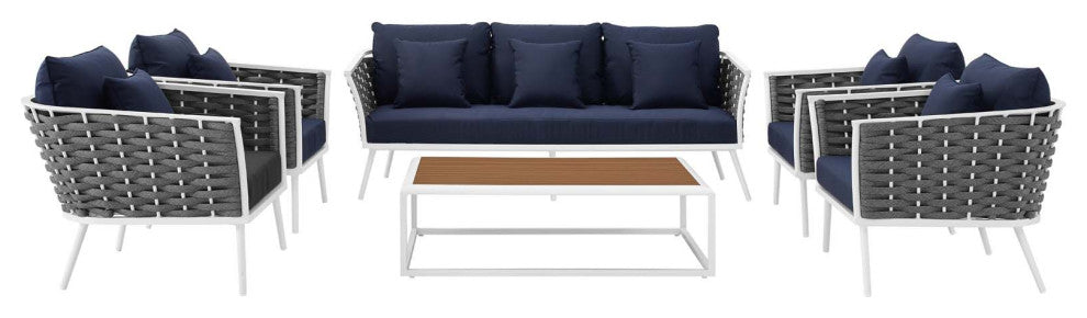 Modern Outdoor Sofa, Chair and Coffee Table Set, Aluminum Fabric, Navy White