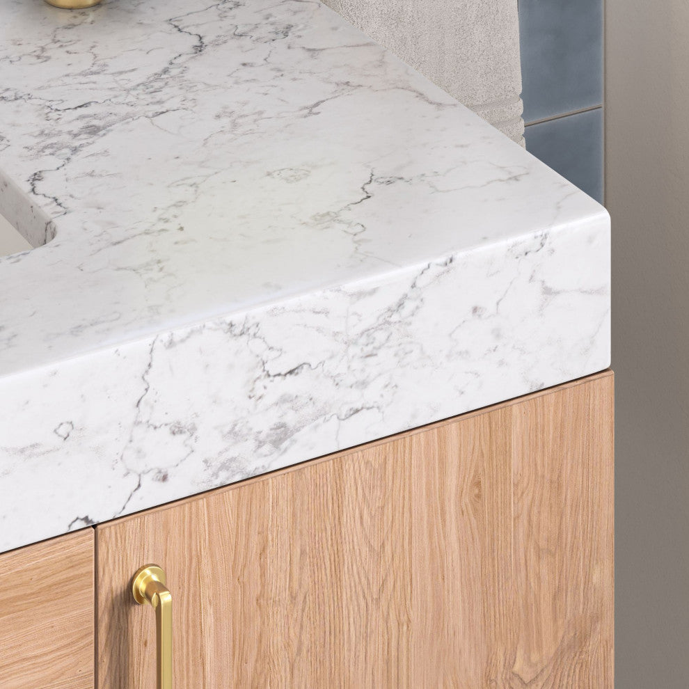 Bahia Bath Vanity, Oak, 84", Brushed Gold Hardware, Double, Freestanding