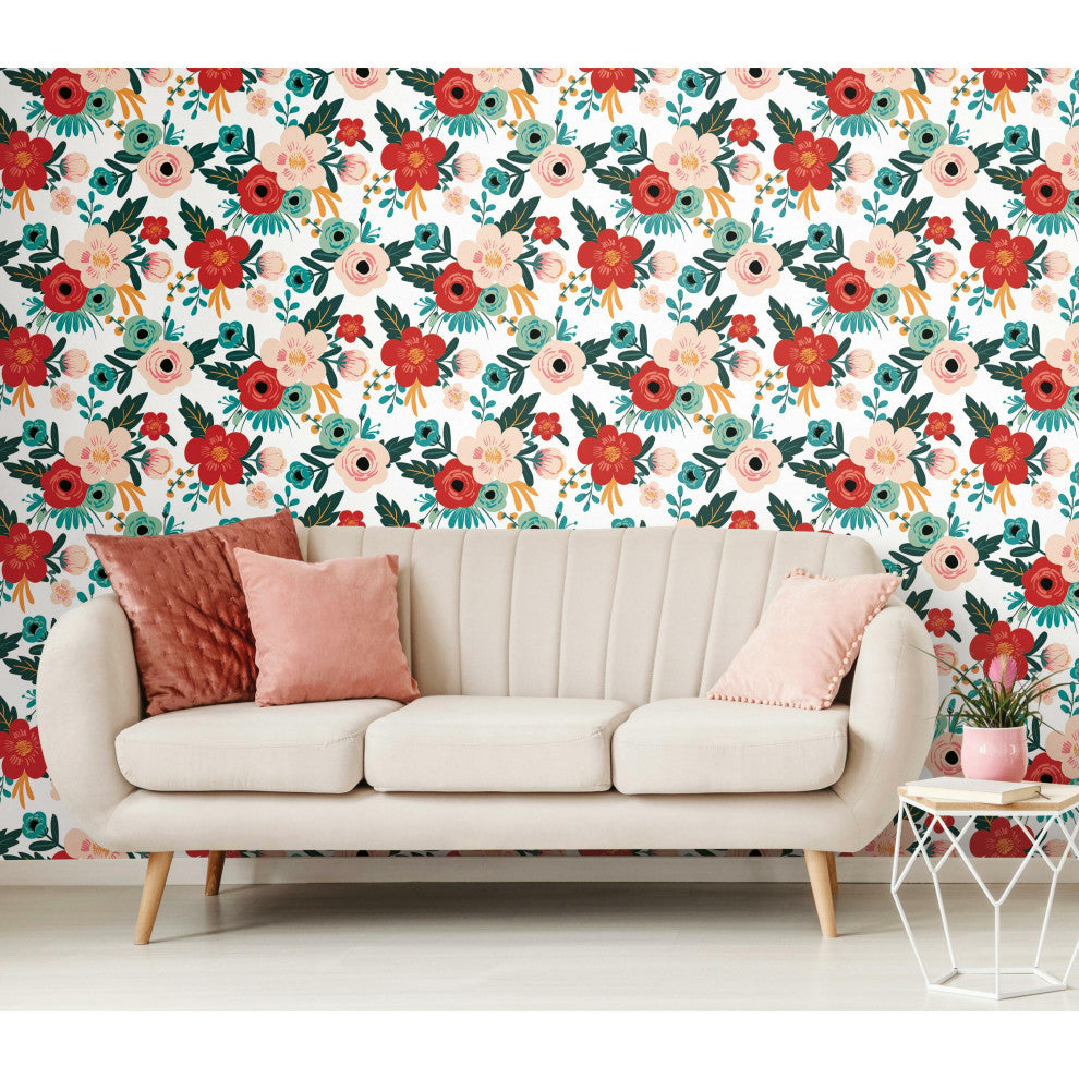 Poppy Floral Peel and Stick Wallpaper, Red and Blue