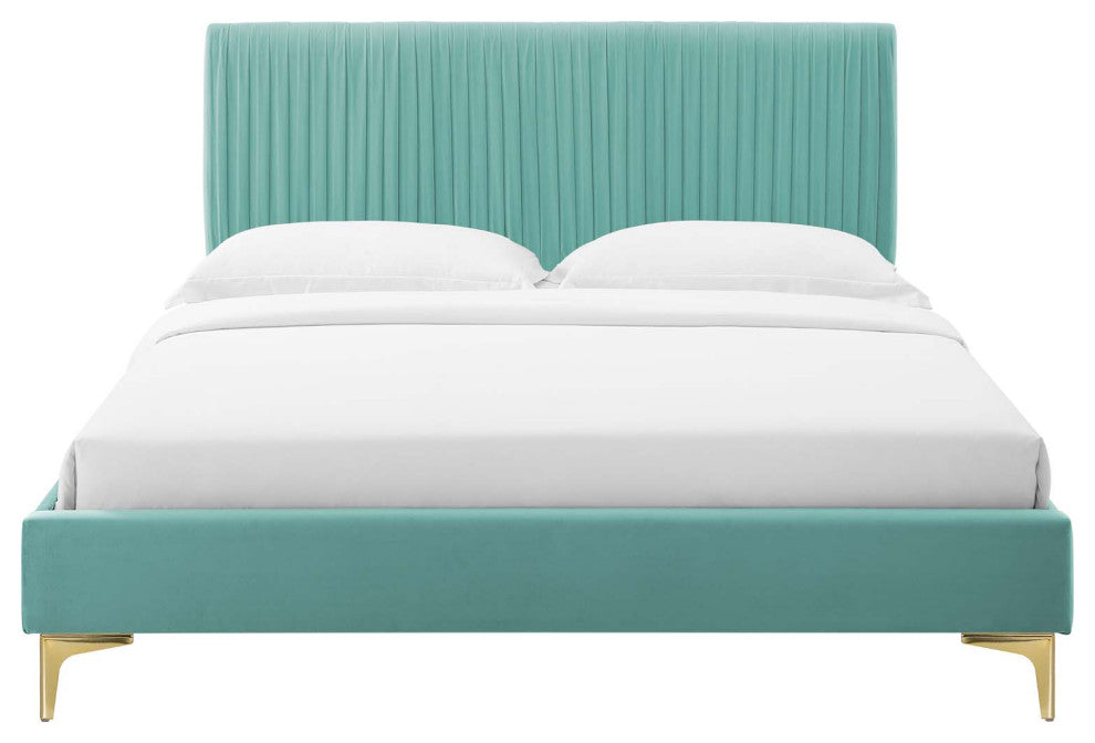 Platform Bed Frame, Full Size, Velvet, Blue, Modern Contemporary, Bedroom Master