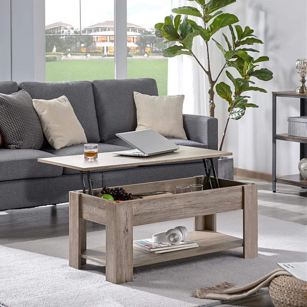 Lift Top Coffee Table with Hidden Compartment and Storage Shelf, Grey