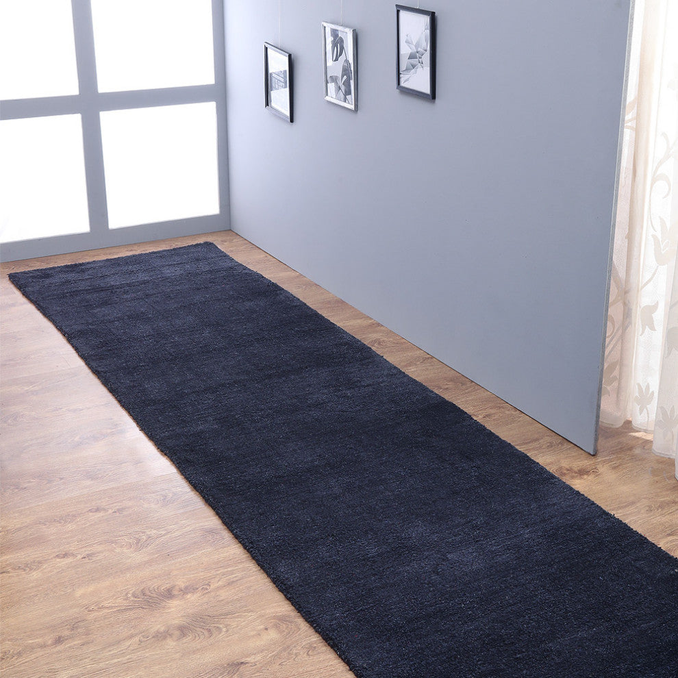 HAND KNOTTED LOOM SILK ECO-FRIENDLY AREA RUGS-Dark Blue Color,Solid Design, [Runner] 2'8"x8'