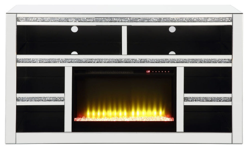 Benzara BM273254 Mirrored TV Media Stand, Timer Fireplace, 6 Compartment, Black