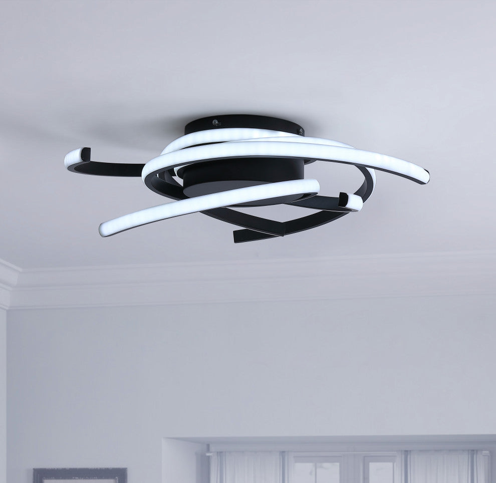 1-Light Unique Statement LED Light Wavy Line Flush Mount Light, Black