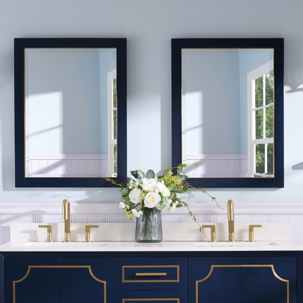Solid Wood Beleved Edge Rectangular Framed Bathroom Wall Vanity Mirror, Navy Blue, 24"?x32"