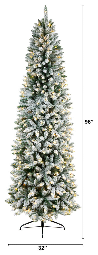 8' Slim Flocked Montreal Fir Faux Xmas Tree W/ White Lights & Bendable Branches