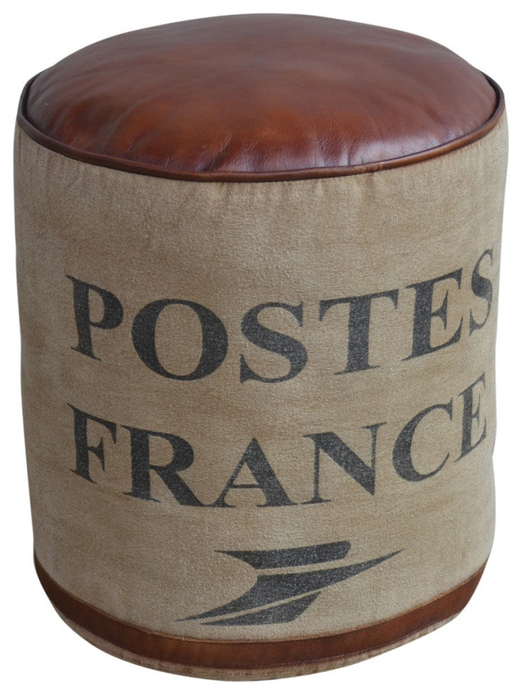 Round Canvas Pouf Post Topped With Brown Leather Seat