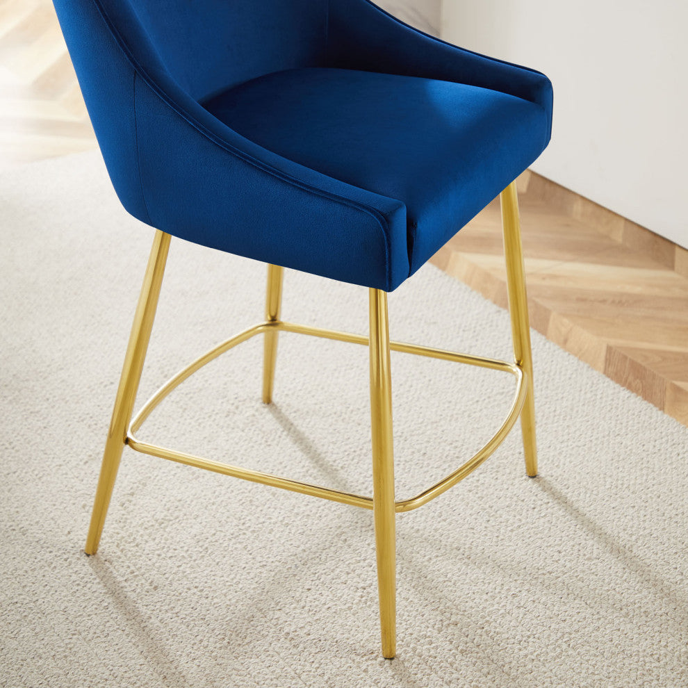 Counter Stool Chair, Set of 2, Blue Navy, Velvet, Modern, Mid Century Lounge