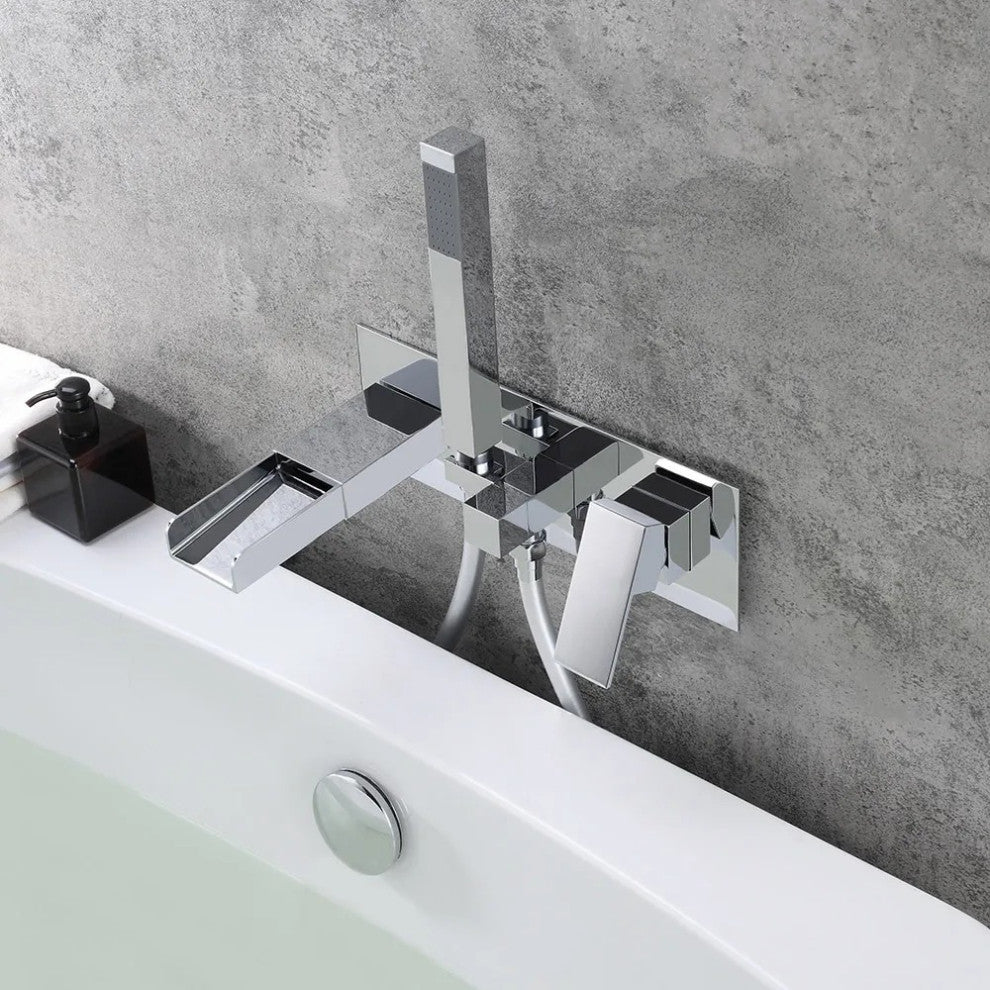 Modern Waterfall Wall-Mount Tub Filler Faucet, Handshower Chrome Solid Brass