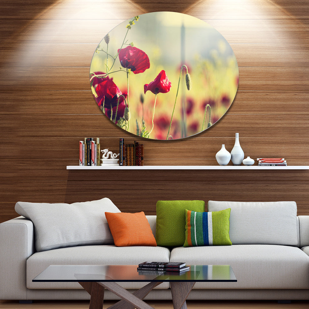 Poppy Flowers On Green Background, Flower Large Disc Metal Artwork, 11"