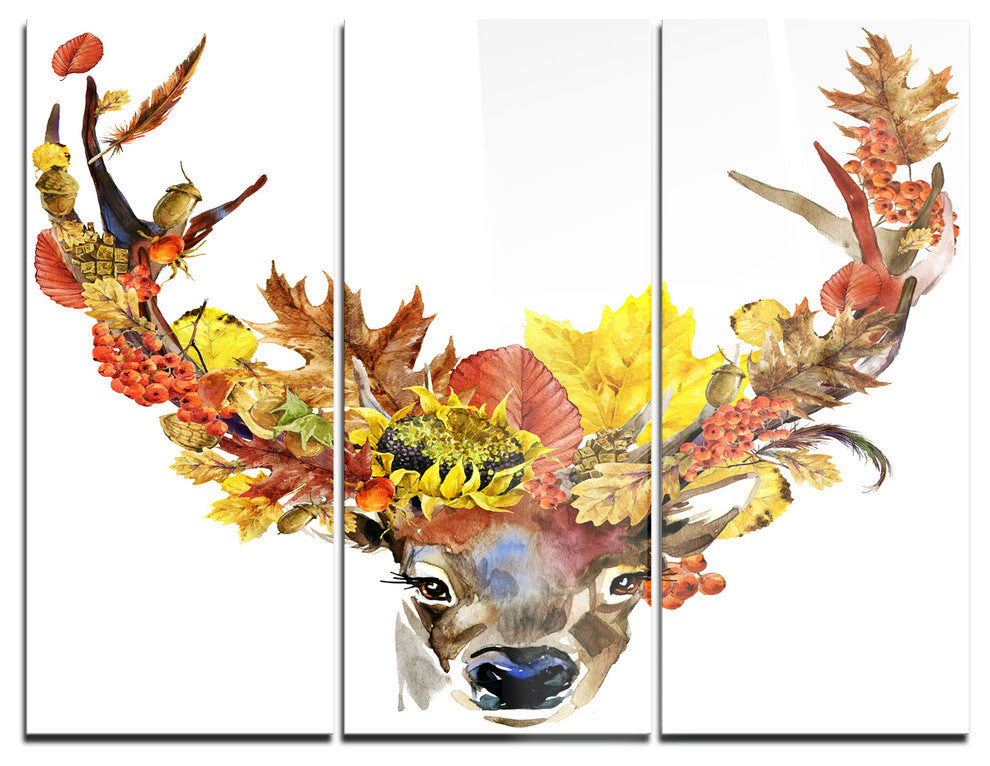 "Roe Deer With Flowers" Digital Metal Wall Art, 3 Panels, 36"x28"