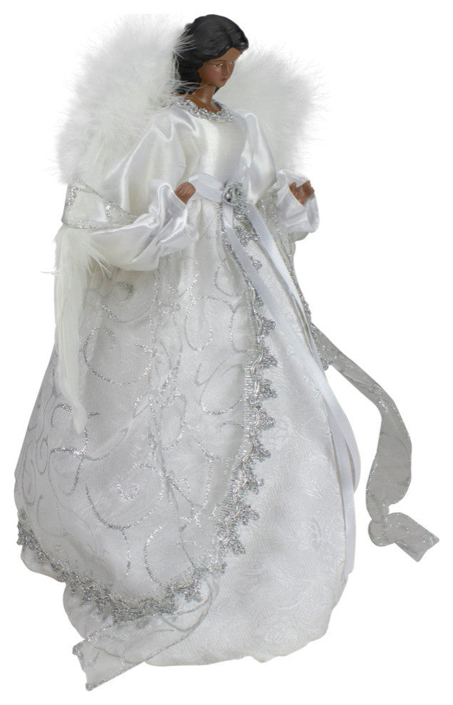 14" African American Silver & White Angel Christmas Tree Topper Unlit
