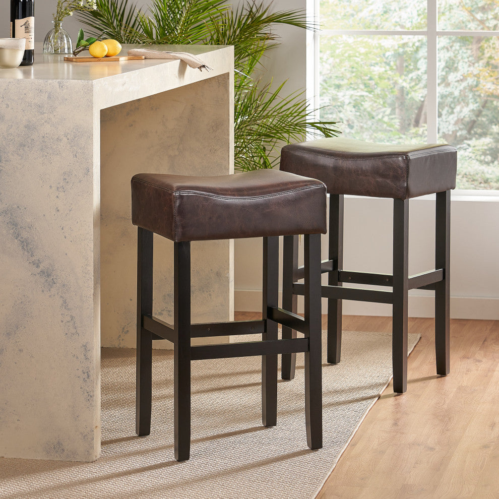 GDF Studio Adler Brown Leather Backless Bar Stools, Set of 2