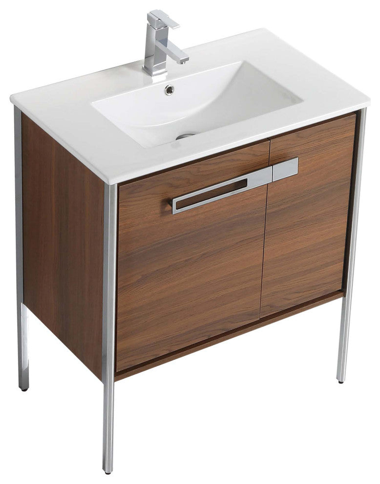 Oakville Bath Vanity, Ceramic Sink, Walnut Ebony, 30 Inch, Chrome Hardware