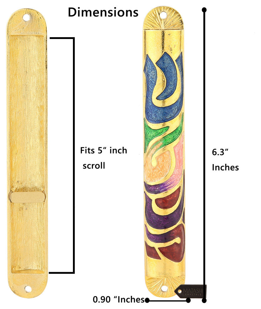 Matashi Gold Hand Painted Multicolor Enamel Mezuzah w Hebrew Shin for Home Door