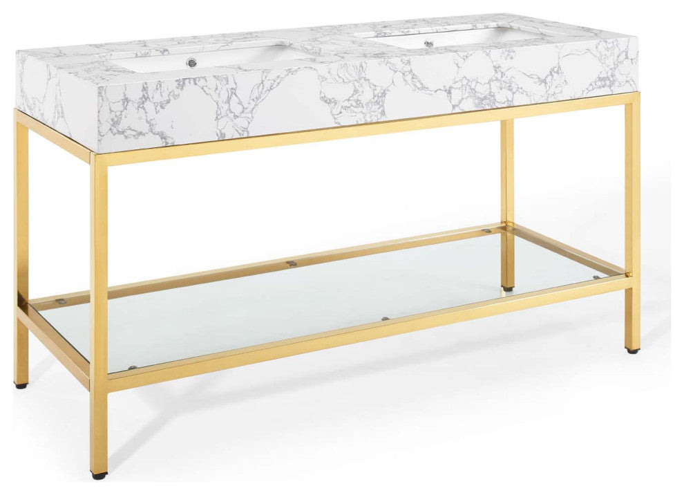 Kingsley 60" Gold Stainless Steel Bathroom Vanity Gold White