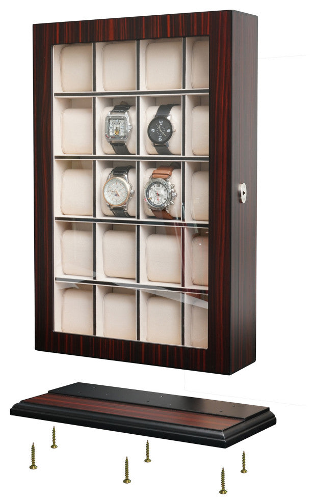 20 Slot Wood Watch Display Wall Hanging Case and Storage Organizer Box, Ebony