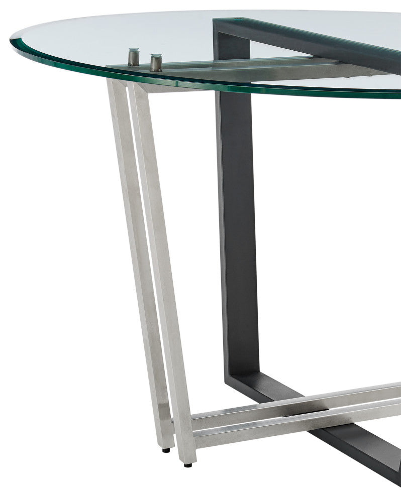 Devi 48" Round Glass Tabletop Dining Table With Stainless Steel and Black Base