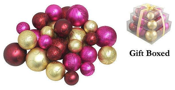 Pack of 27 Shatterproof Merlot, Gold With Fuschia Christmas Ball Ornaments