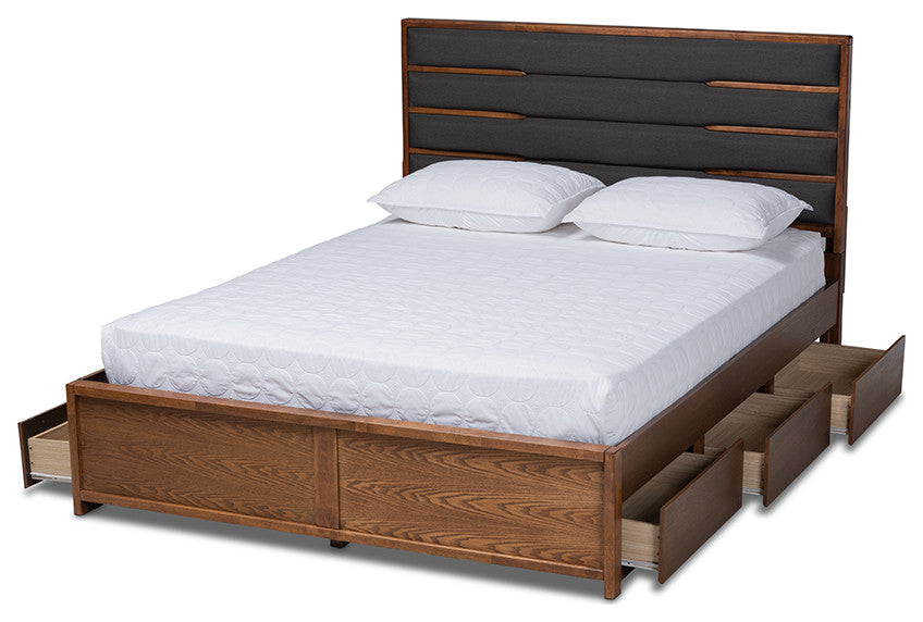 Dark Gray Fabric Walnut Wood King Size Platform Storage Bed With Six Drawers