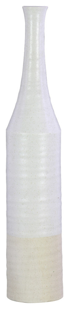 Bottle Vase, Cream Banded Rim Bottom, Combed Body, White