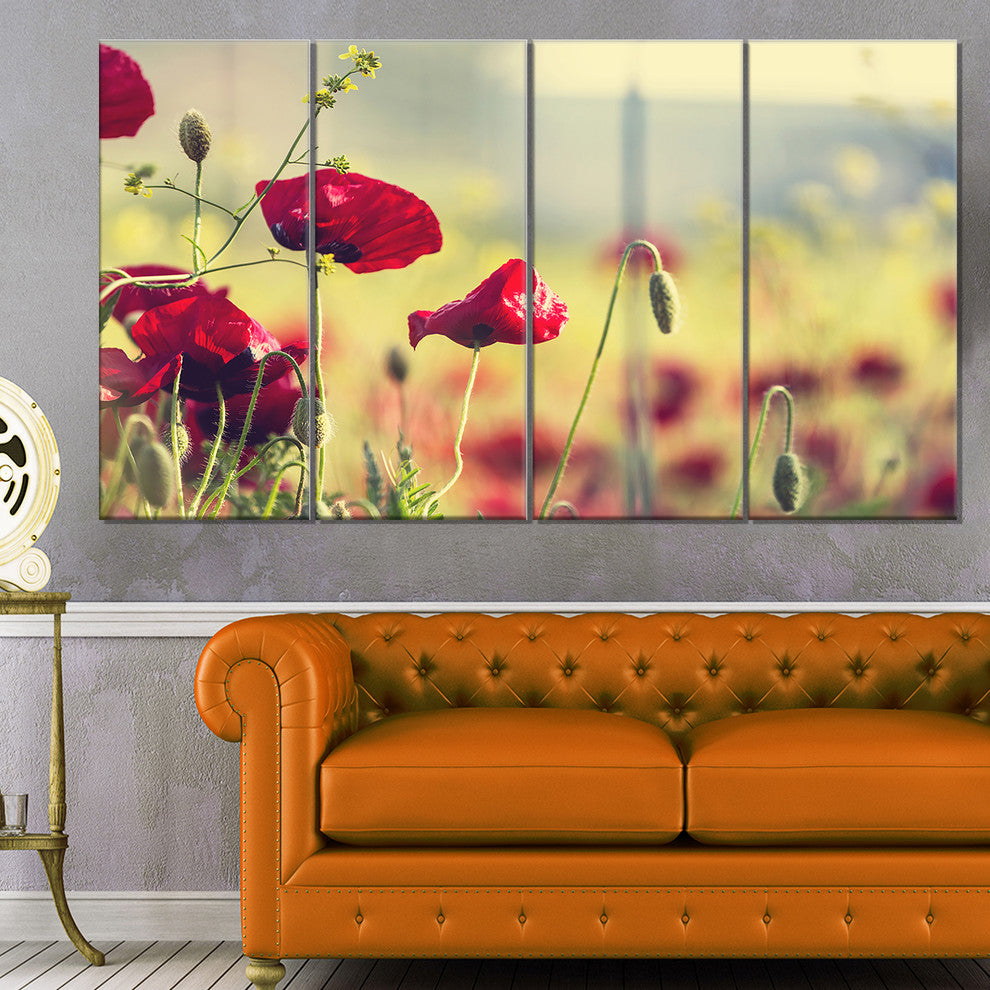 Poppy Flowers on Green Background, Floral Canvas Art Print, 48"x28", 4 Panels