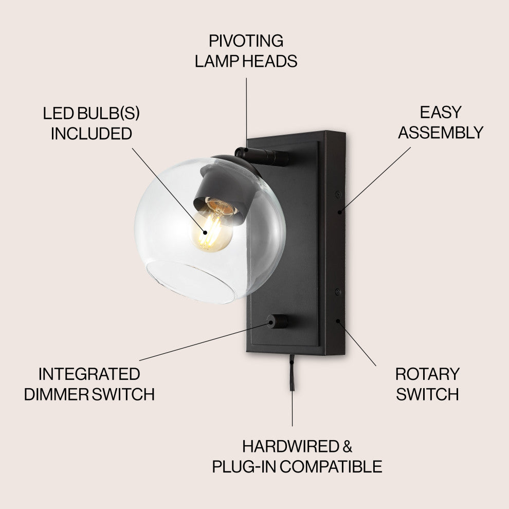 6" 1-Light Plug-In or Hardwired Adjustable Iron LED Sconce, Rotary Dimmer