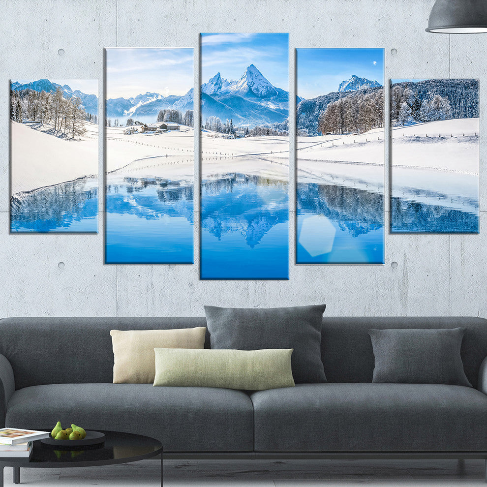 "Winter Mountain Lake in Alps" Landscape Canvas Photo Print, 5 Panels, 60"x32"