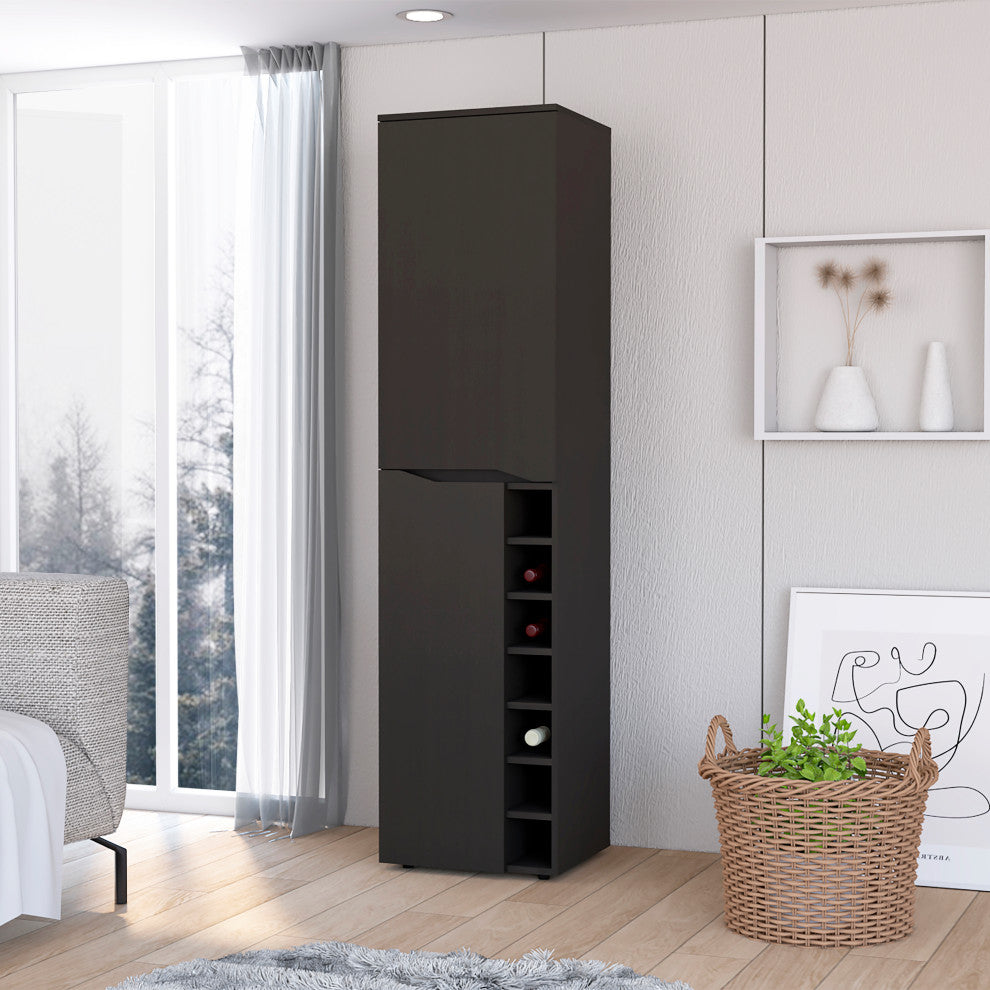 Maya Tall Bar Cabinet with 7 Wine Cubbies, Extendable Shelf, Glass Rack, Black