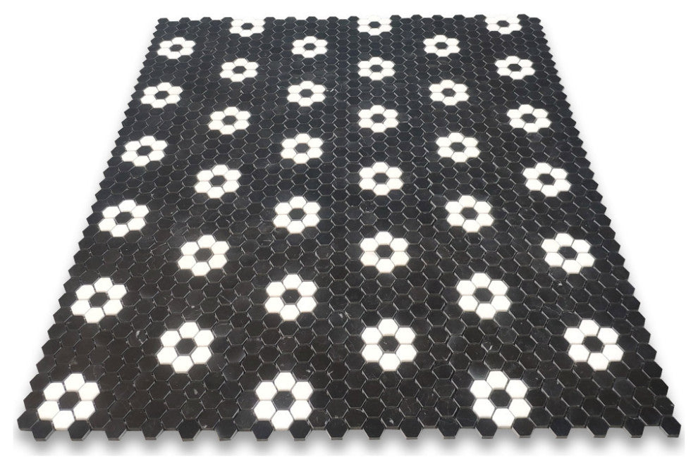 Nero Marquina & Thassos White Marble Rosette 1" Hexagon Tile Polished, 1 sheet
