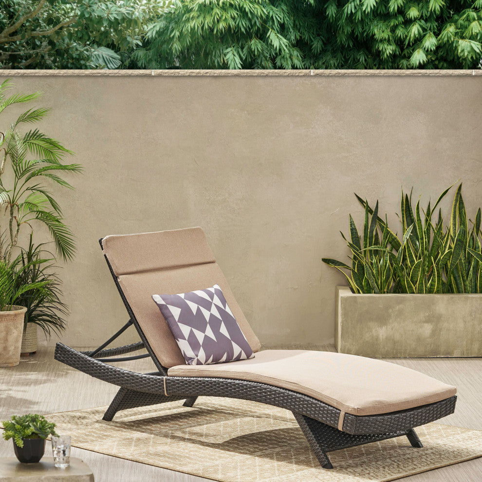 GDF Studio Nassau Outdoor Gray Wicker Chaise Lounge, Textured Beige Cushion