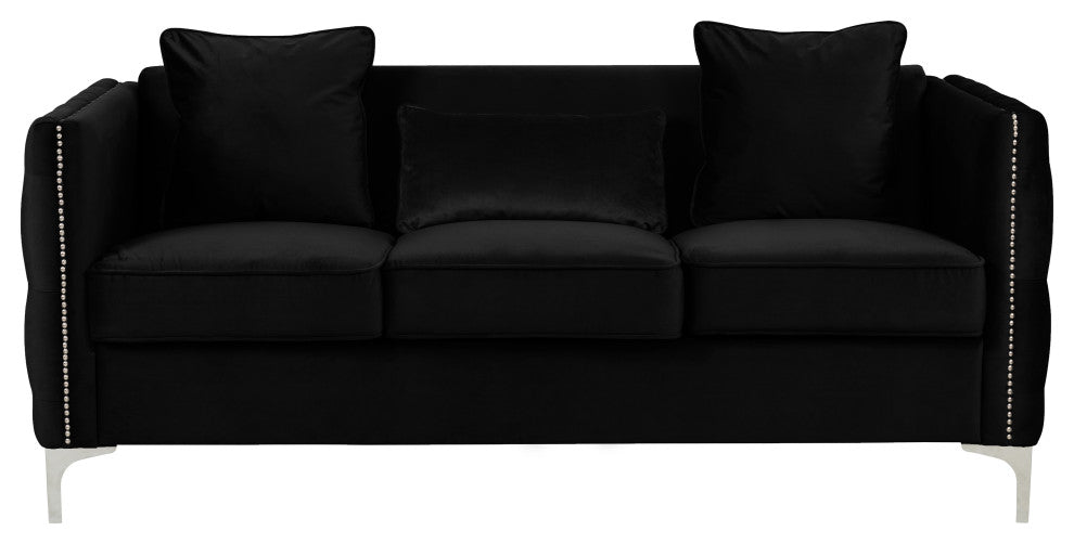Bayberry Velvet Tufted Sofa Couch with 3 Pillows and Tufting, Black