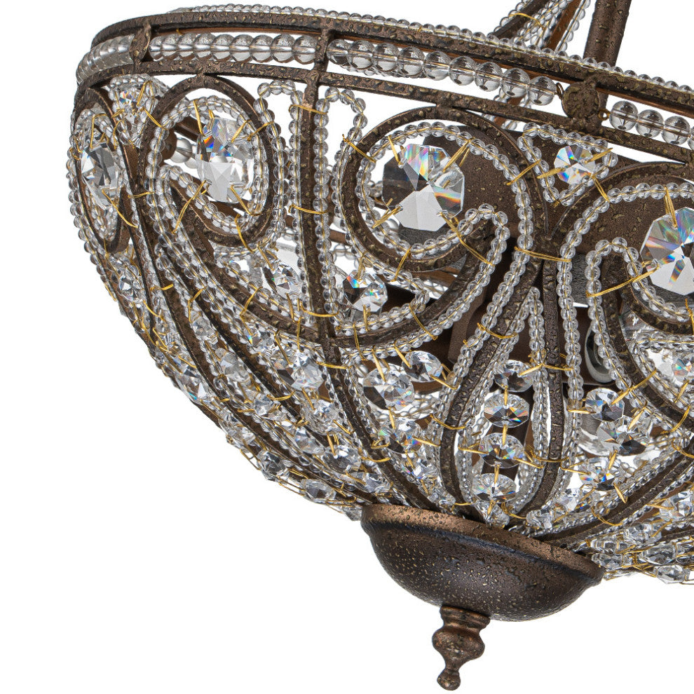 3-Light Antiqued Rust Crystal Semi Flush Ceiling Light