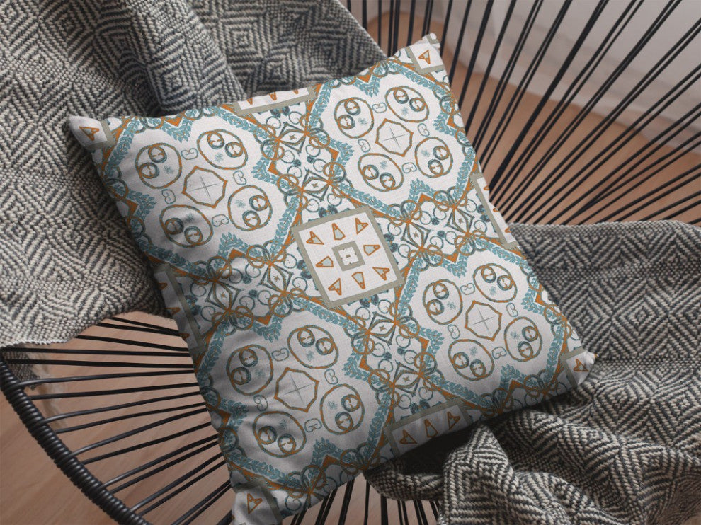 16 Blue Orange Mandala Indoor Outdoor Zippered Throw Pillow