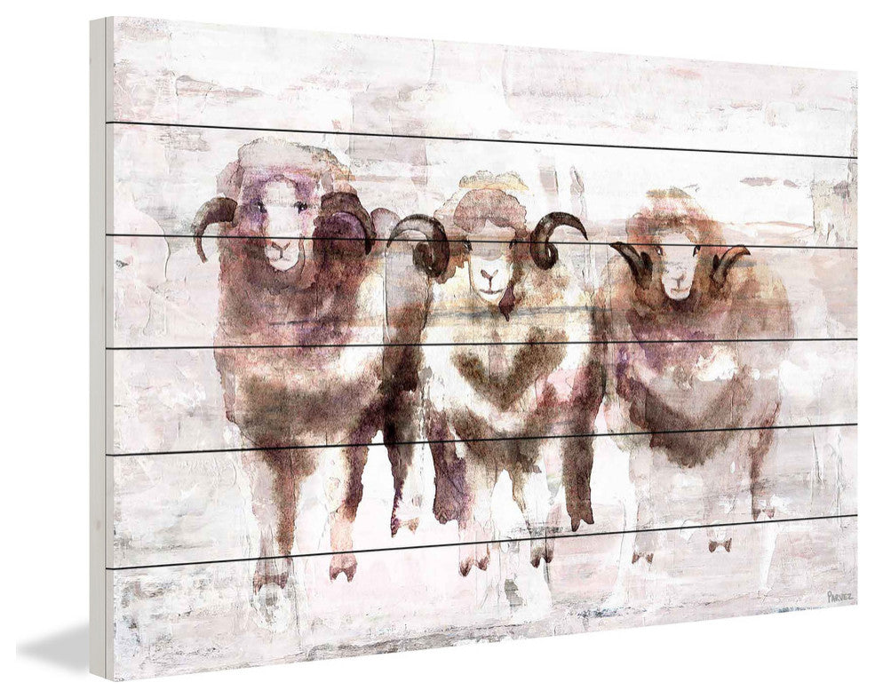 "Three Rams" Painting Print on White Wood, 18"x12"