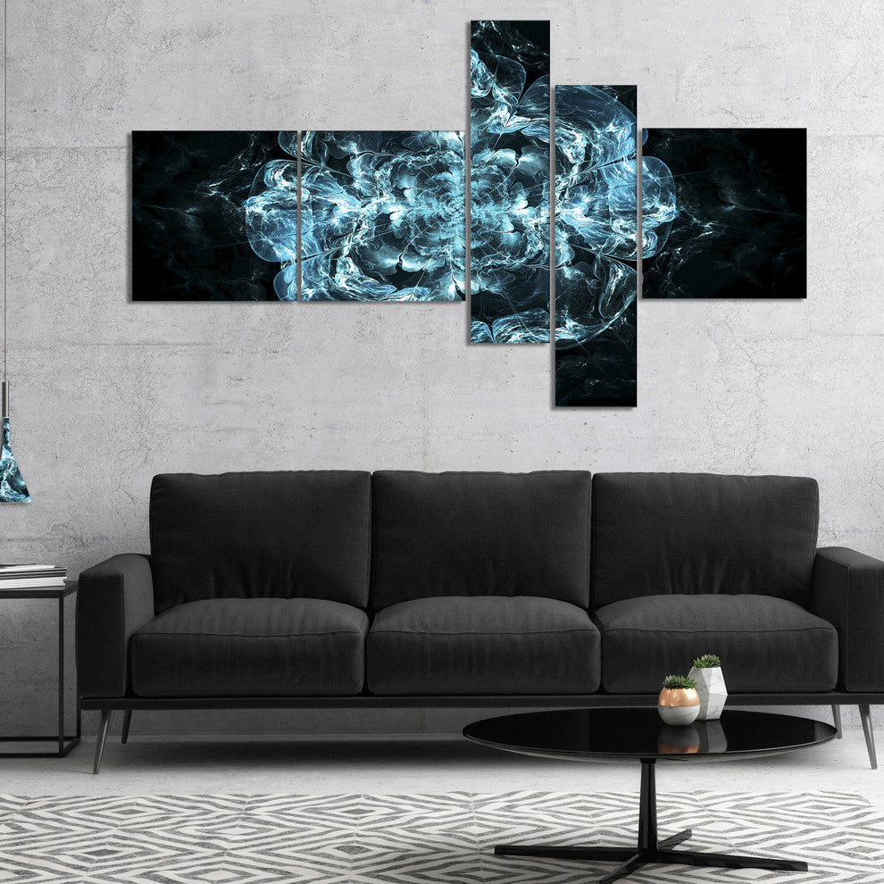 Fractal Blue Flower Explosion, Floral Art Canvas Print, 60"x32", 5 panels