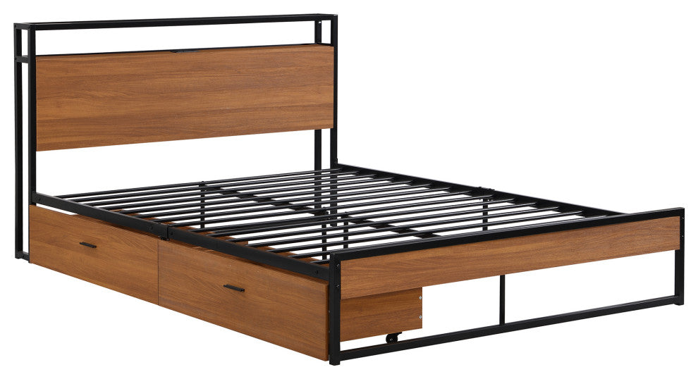 Full/Queen Metal Frame Wood Platform Bed with Two Drawers,Sockets and USB Ports,