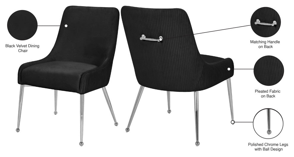 The Ace Dining Chair, Black and Chrome, Pleated Velvet, Set of 2