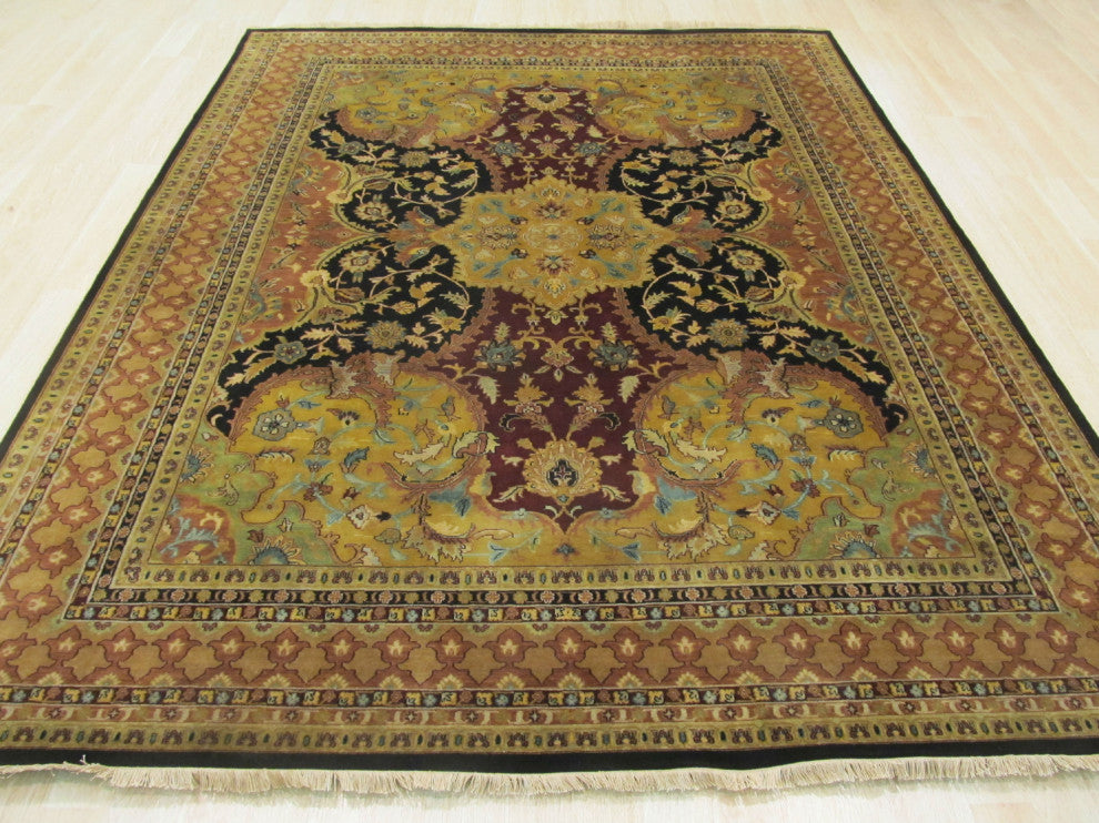 Hand-Knotted New Zealand Wool Black Transitional Oriental Polonaise Rug, 10'x14'